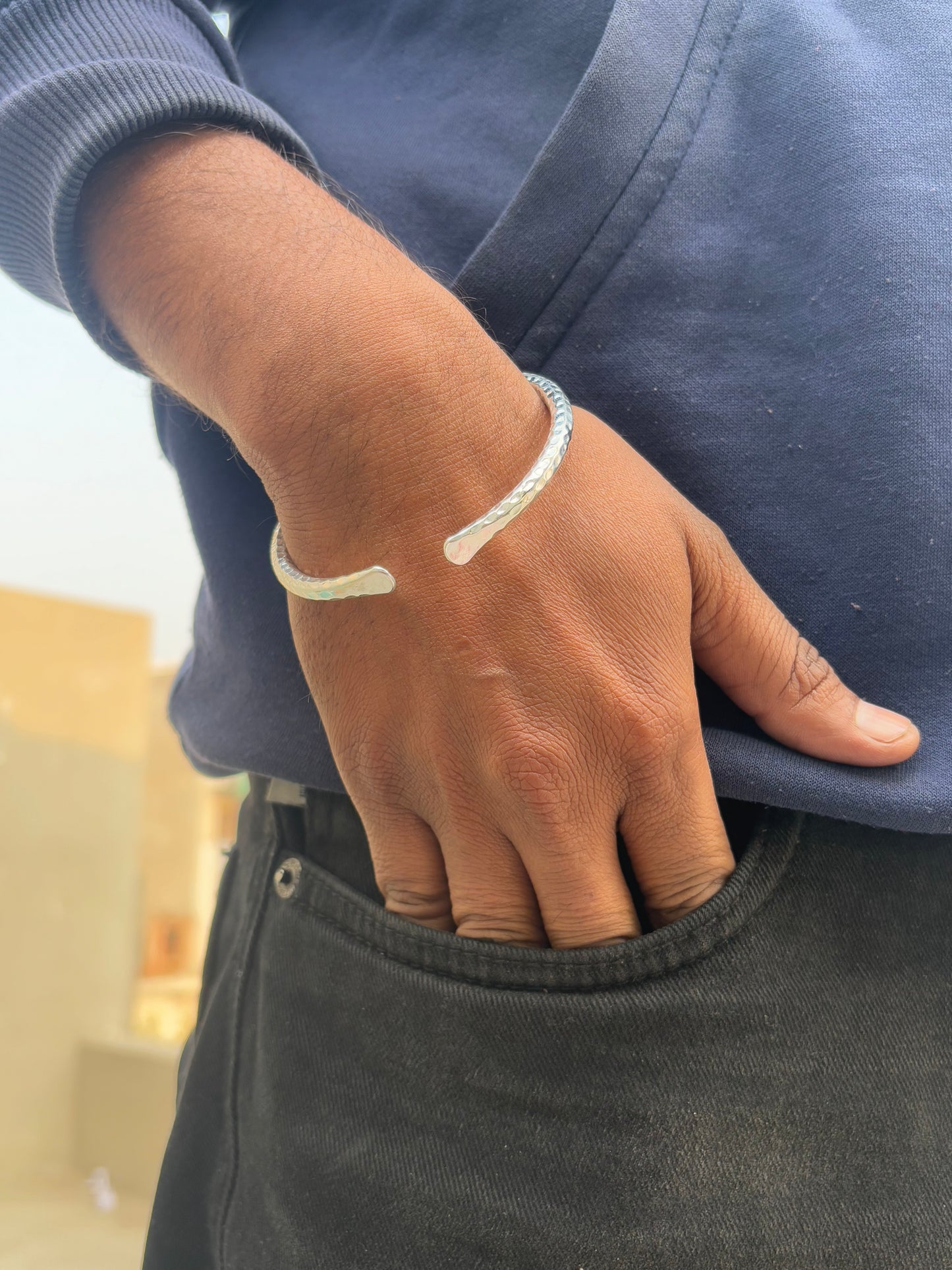 Hammered Cuff Bangle, Solid 925 Sterling Silver, Handmade Rounded Cuff Bracelets, 4mm Round Thickness Bangles, Adjustable Cuff Bracelets, Gift For Her