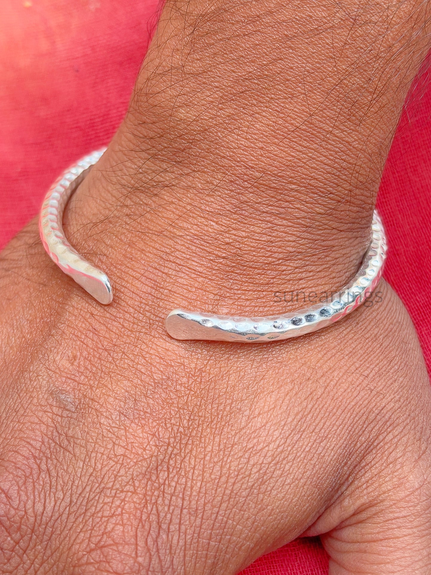 Hammered Cuff Bangle, Solid 925 Sterling Silver, Handmade Rounded Cuff Bracelets, 4mm Round Thickness Bangles, Adjustable Cuff Bracelets, Gift For Her