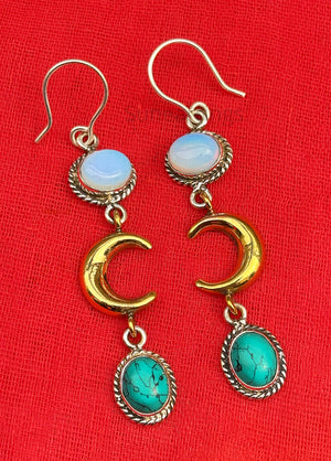 925 Sterling Silver Earrings-Dangling Women Earrings-Opalite Moonstone & Blue Turquoise Earrings-Handmade Earrings-Statement Earrings-Gift For Her 925 Sterling Silver Earrings-Dangling Women Earrings-Opalite Moonstone & Blue Turquoise Earrings-Handmade Earrings-Statement Earrings-Gift For Her