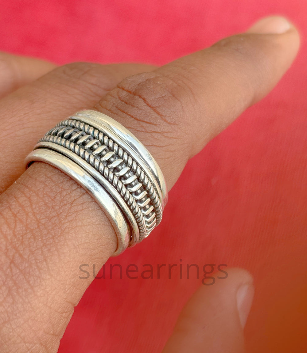 925 Sterling Silver Spinner Band Ring, Meditation Thumb Ring, Braided Spinner Fidget Ring, Statement Ring, Handmade Oxide Spinner Ring