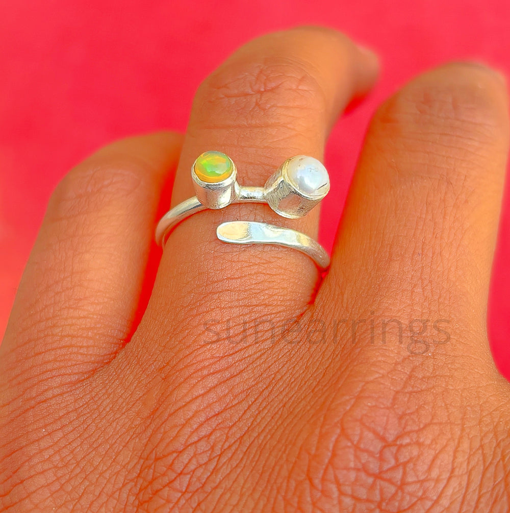 Silver Stackable Ring-925 Sterling Silver Adjustable Ring-Multi Gemstone Ring-Gift For Her-5mm Round Opal & Pearl Gemstone Ring-Minimalist Dainty Ring-Statement Ring