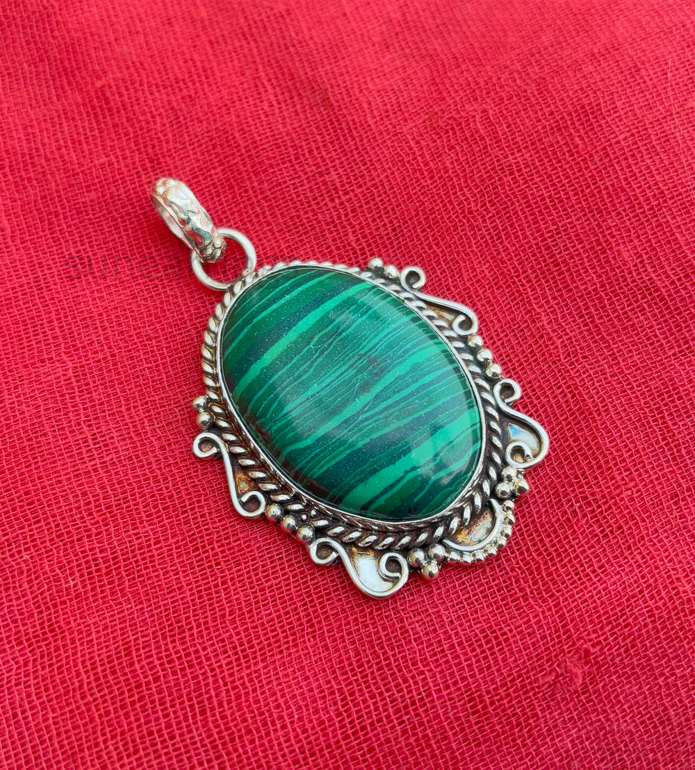 Oval Shape Pendant, Malachite Gemstone Pendant, 925 Sterling Silver Pendant For Her, Handmade Designer Pendant, Dangling Pendant, Green Malachite Gemstone