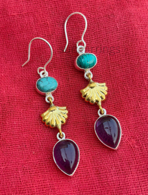 Women Dangling Earrings Double Gemstone Earrings For Women, Mixed Metal Earrings, Handmade Earrings, Gift For Her, Teadrop Gemstone Earrings, Drop Earrings