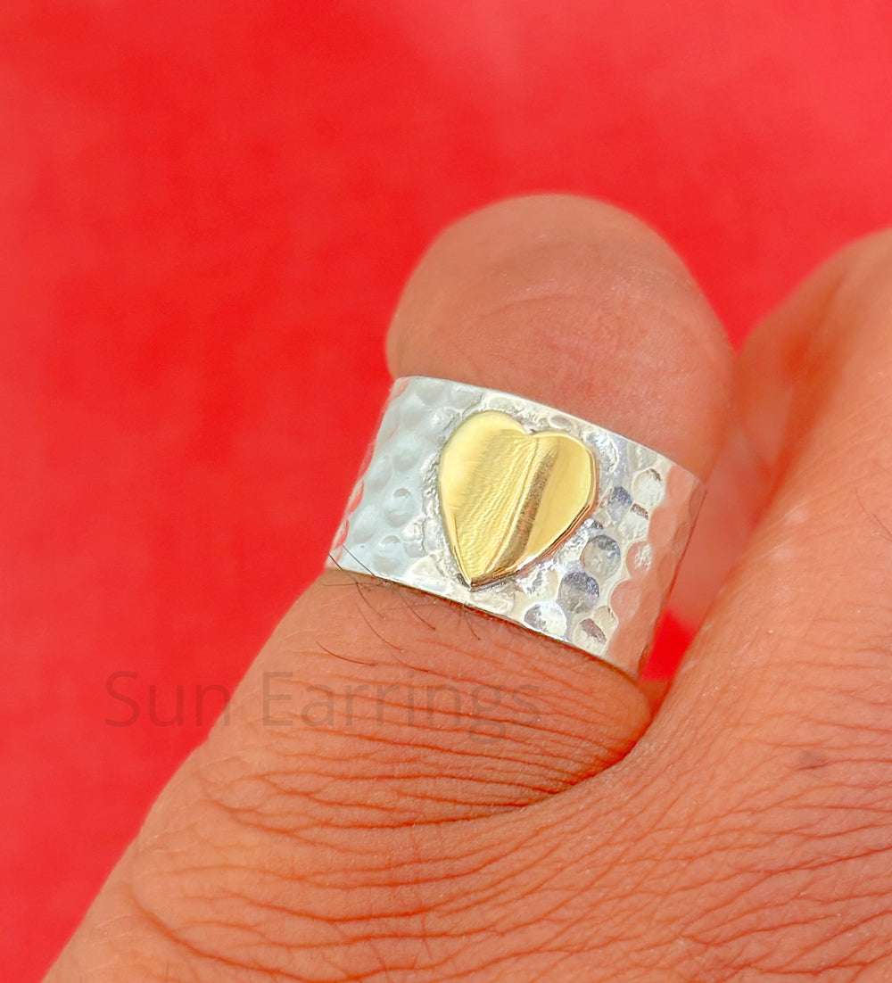 Heart Ring, 925 Sterling Silver Band Ring, Hammered Thumb Ring, Statement Band Ring, Handmade Chunky Band, Wide Thick Band, Gift For Her