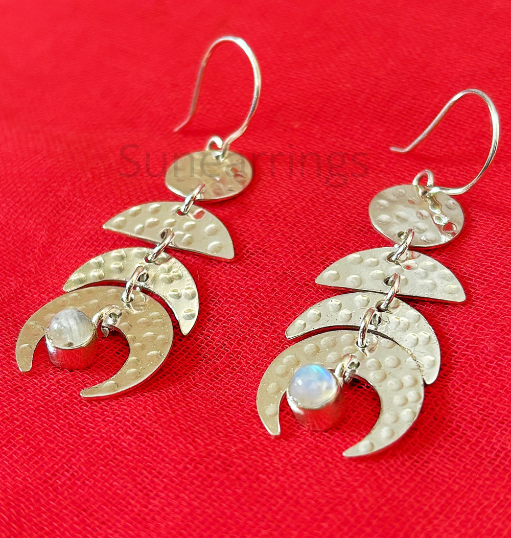 Moonstone Earrings-925 Sterling Silver Hammered Moon Earrings-Multi Moon Earrings-Dangling Earrings-June Birthstone-Statement Women Earrings-Anniversary Gifts