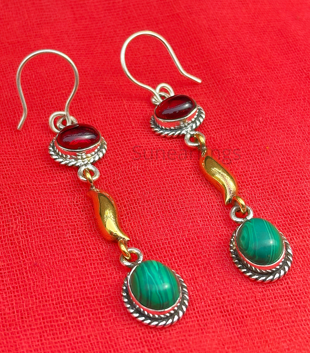 Women Earrings-925 Sterling Silver Earrings-Statement Earrings-Garnet & Malachite Gemstone Earrings-Handmade Dangling Earrings-Gift For Her
