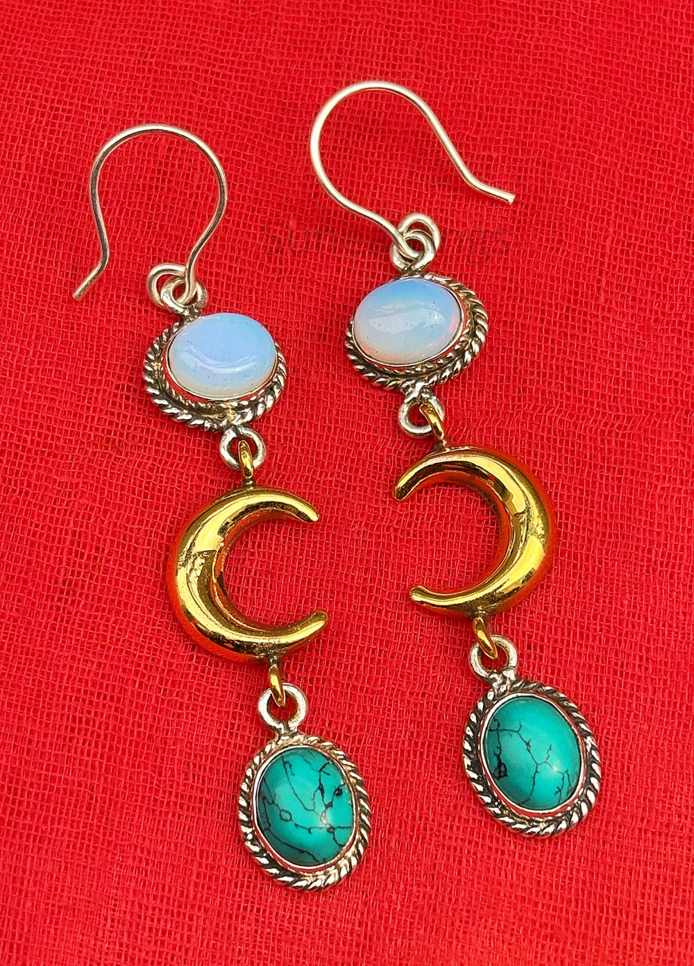 925 Sterling Silver Earrings-Dangling Women Earrings-Opalite Moonstone & Blue Turquoise Earrings-Handmade Earrings-Statement Earrings-Gift For Her