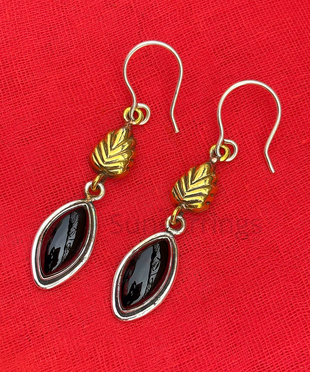 Natural Black Onyx Earrings-925 Sterling Silver With Brass Earrings-Handmade Statement Earrings-Dangling Marquise Earrings-Women Earrings-Gift For Her